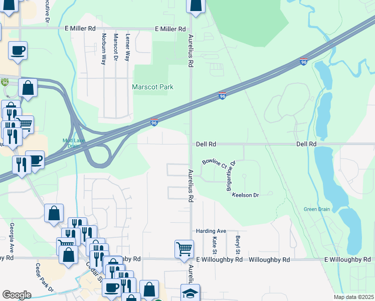 map of restaurants, bars, coffee shops, grocery stores, and more near 6610 North Aurelius Road in Lansing