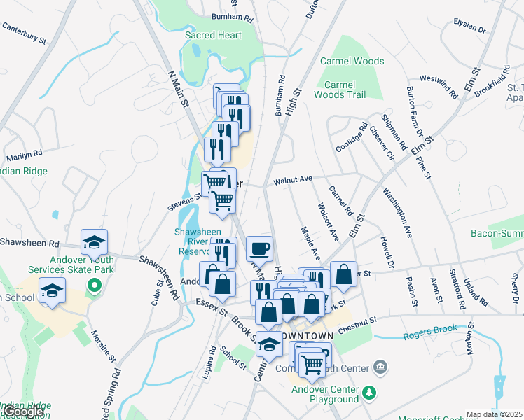 map of restaurants, bars, coffee shops, grocery stores, and more near 62 High Street in Andover