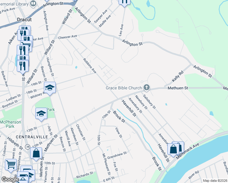 map of restaurants, bars, coffee shops, grocery stores, and more near 25 Robbins Avenue in Dracut
