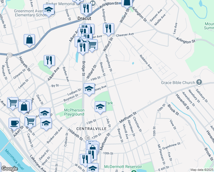 map of restaurants, bars, coffee shops, grocery stores, and more near 570 Beacon Street in Lowell