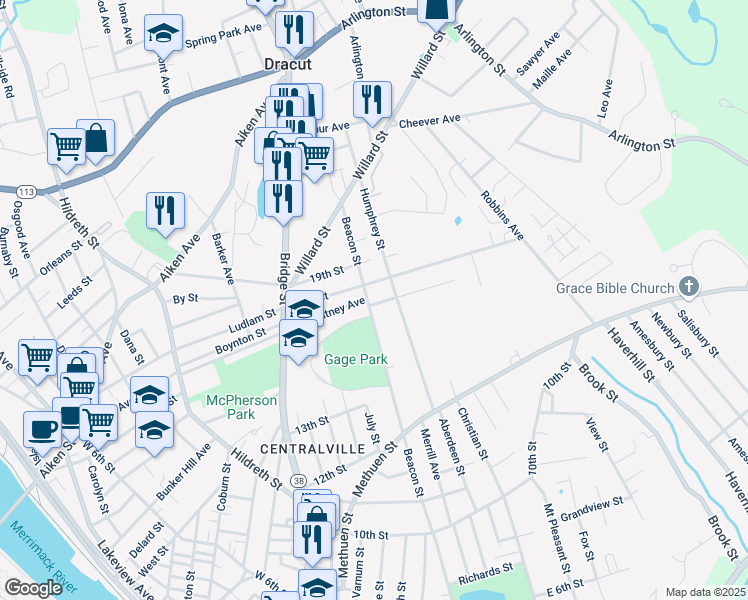 map of restaurants, bars, coffee shops, grocery stores, and more near 585 Beacon Street in Lowell