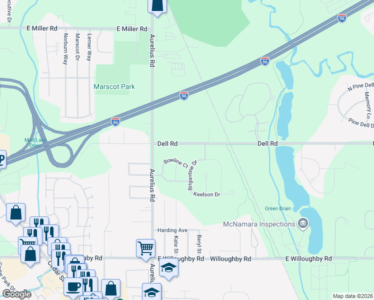 map of restaurants, bars, coffee shops, grocery stores, and more near 4428 Bowline Court in Lansing