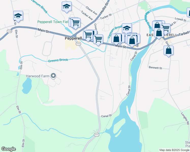 map of restaurants, bars, coffee shops, grocery stores, and more near 29 River Road in Pepperell