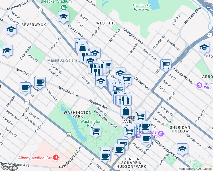 map of restaurants, bars, coffee shops, grocery stores, and more near 171 Central Avenue in Albany