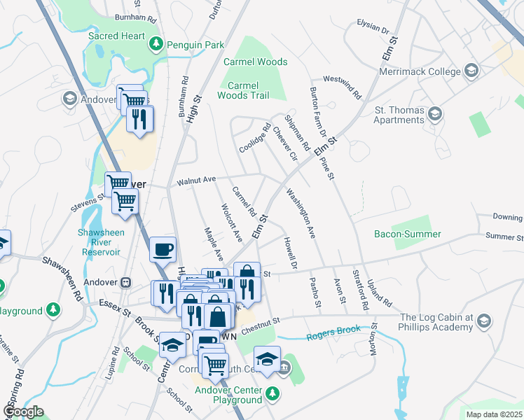 map of restaurants, bars, coffee shops, grocery stores, and more near 86 Elm Street in Andover