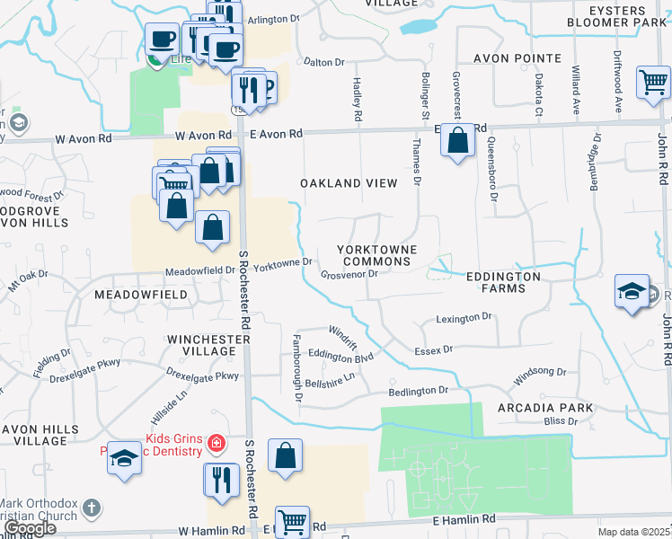 map of restaurants, bars, coffee shops, grocery stores, and more near 1344 Harvard Drive in Rochester Hills