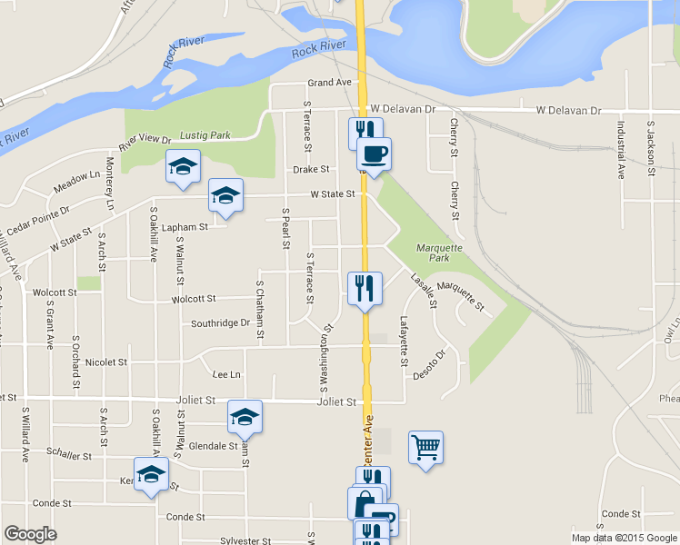 map of restaurants, bars, coffee shops, grocery stores, and more near 1331 S Washington St in Janesville