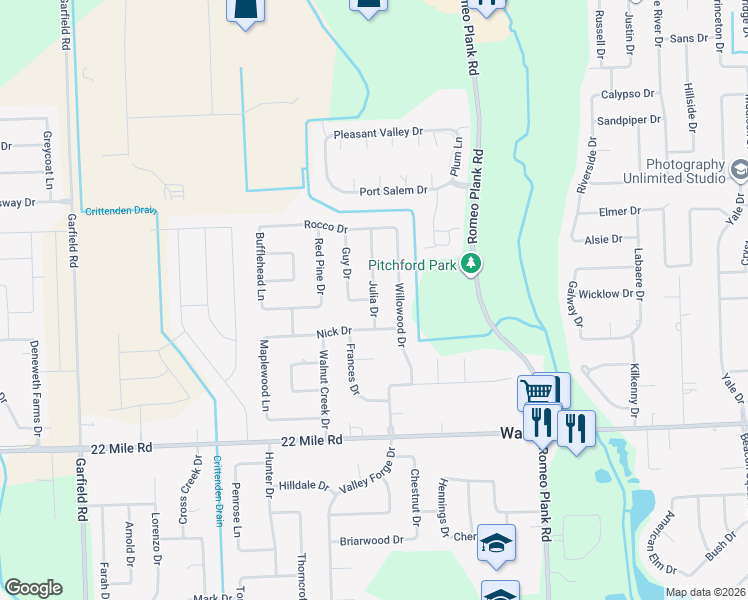 map of restaurants, bars, coffee shops, grocery stores, and more near 49626 Julia Drive in Macomb