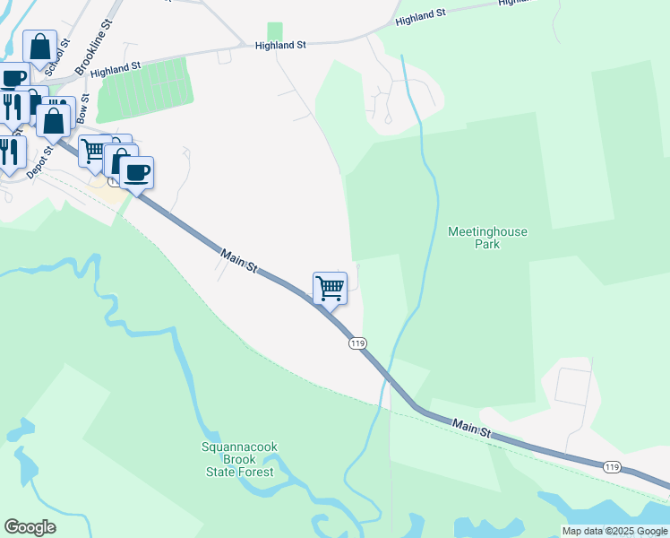 map of restaurants, bars, coffee shops, grocery stores, and more near 3 Greeley Road in Townsend