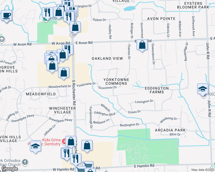 map of restaurants, bars, coffee shops, grocery stores, and more near 1344 Harvard Drive in Rochester Hills