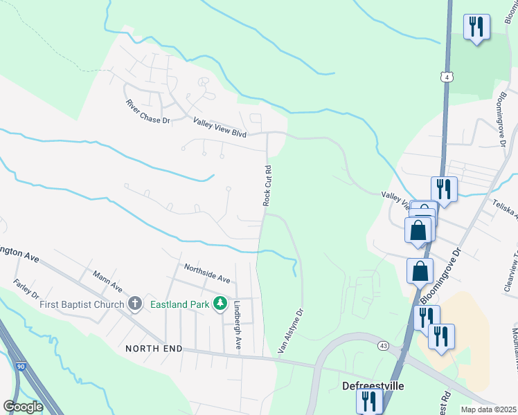 map of restaurants, bars, coffee shops, grocery stores, and more near 41 Rock Cut Road in Rensselaer