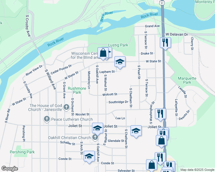 map of restaurants, bars, coffee shops, grocery stores, and more near 1311 South Walnut Street in Janesville