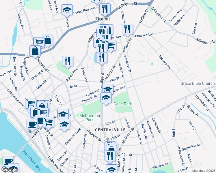 map of restaurants, bars, coffee shops, grocery stores, and more near 26 18th Street in Lowell