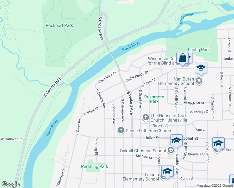 map of restaurants, bars, coffee shops, grocery stores, and more near 2330 West State Street in Janesville