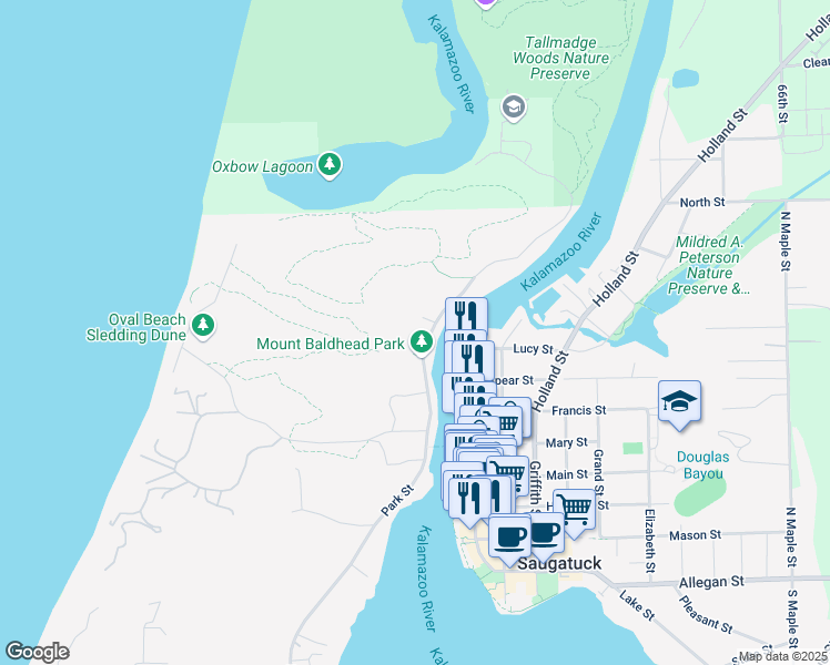 map of restaurants, bars, coffee shops, grocery stores, and more near 808 Park Street in Saugatuck