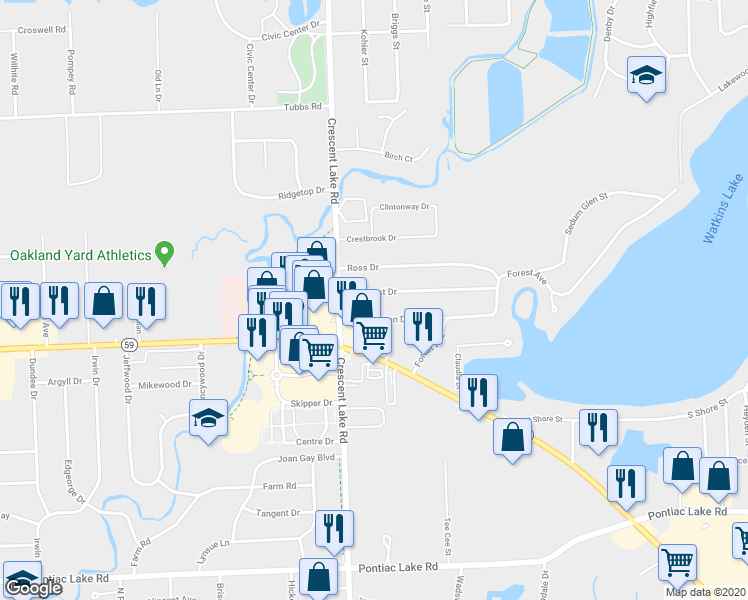map of restaurants, bars, coffee shops, grocery stores, and more near 4945 Maycrest Drive in Waterford Township