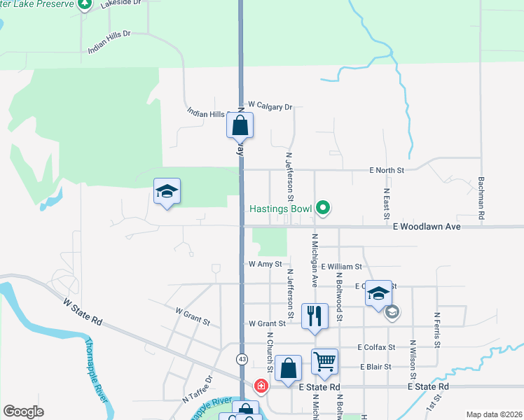 map of restaurants, bars, coffee shops, grocery stores, and more near 1401 North Broadway in Hastings