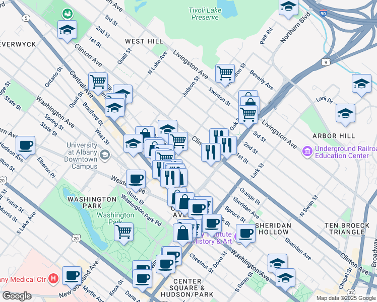map of restaurants, bars, coffee shops, grocery stores, and more near 400 Orange Street in Albany