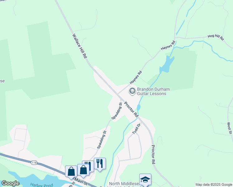 map of restaurants, bars, coffee shops, grocery stores, and more near 78 Wallace Hill Road in Townsend