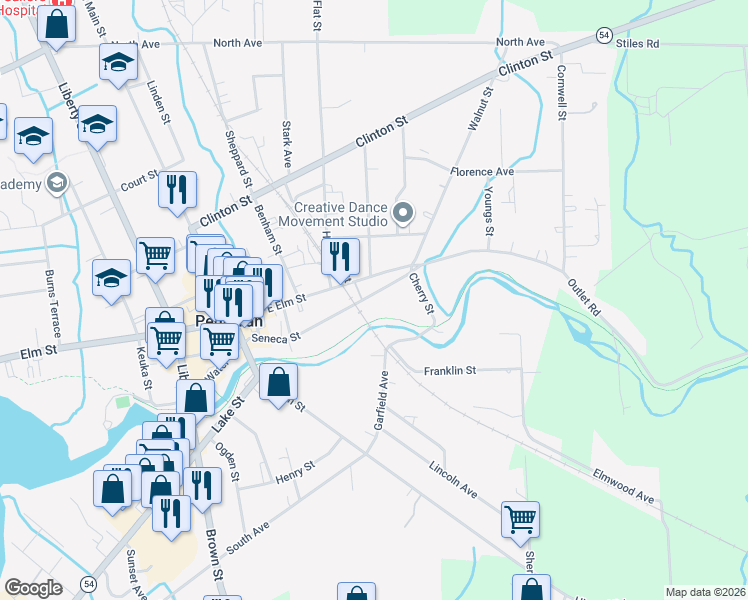 map of restaurants, bars, coffee shops, grocery stores, and more near 173 Seneca Street in Penn Yan