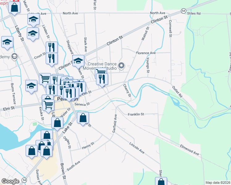 map of restaurants, bars, coffee shops, grocery stores, and more near 173 Seneca Street in Penn Yan