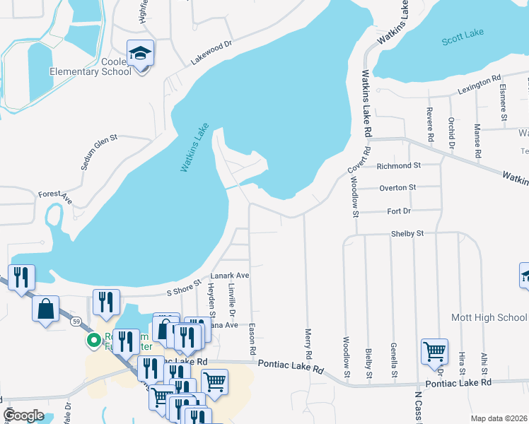 map of restaurants, bars, coffee shops, grocery stores, and more near 3971 Covert Road in Waterford Township
