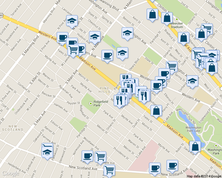 map of restaurants, bars, coffee shops, grocery stores, and more near 543 Yates Street in Albany