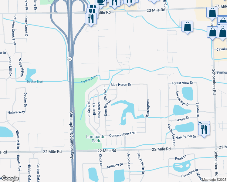 map of restaurants, bars, coffee shops, grocery stores, and more near 12032 Rockspray Court in Macomb County