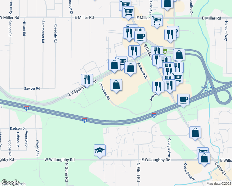 map of restaurants, bars, coffee shops, grocery stores, and more near 438 East Edgewood Boulevard in Lansing