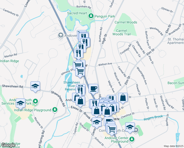 map of restaurants, bars, coffee shops, grocery stores, and more near 62 High Street in Andover