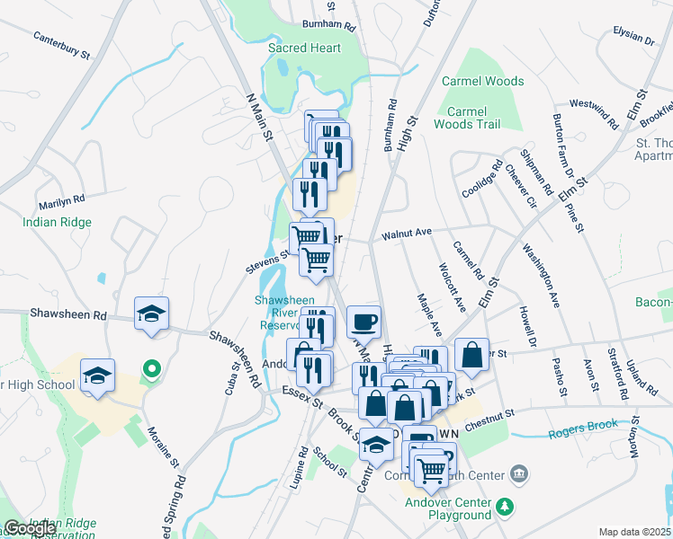 map of restaurants, bars, coffee shops, grocery stores, and more near 153 North Main Street in Andover