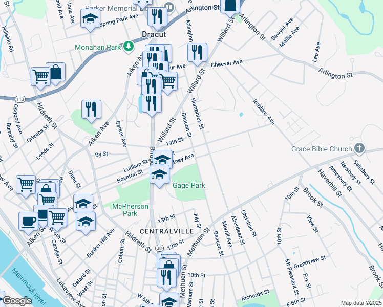 map of restaurants, bars, coffee shops, grocery stores, and more near 585 Beacon Street in Lowell