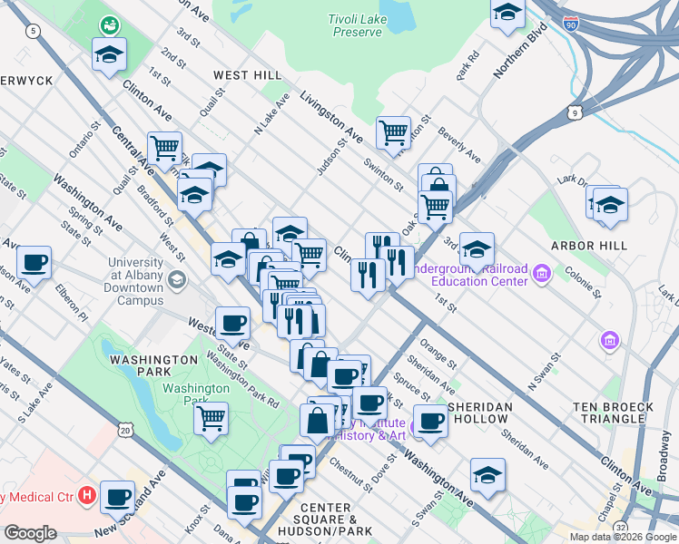 map of restaurants, bars, coffee shops, grocery stores, and more near 395 Orange Street in Albany