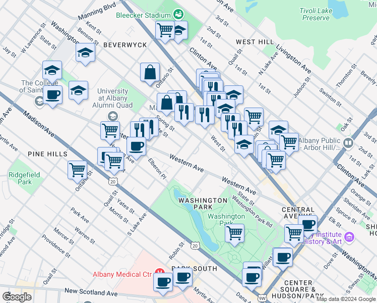 map of restaurants, bars, coffee shops, grocery stores, and more near 38 Cortland Place in Albany