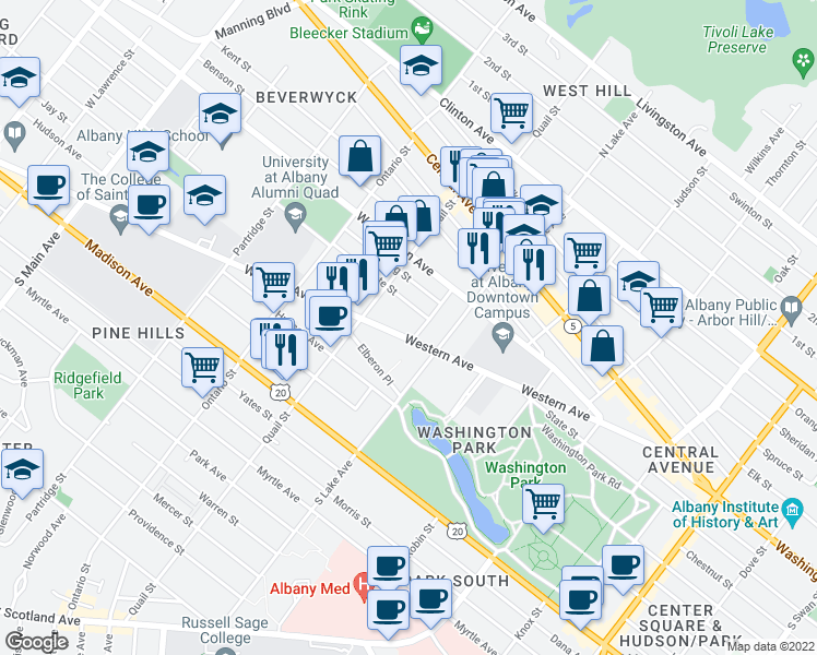 map of restaurants, bars, coffee shops, grocery stores, and more near 188 Western Avenue in Albany