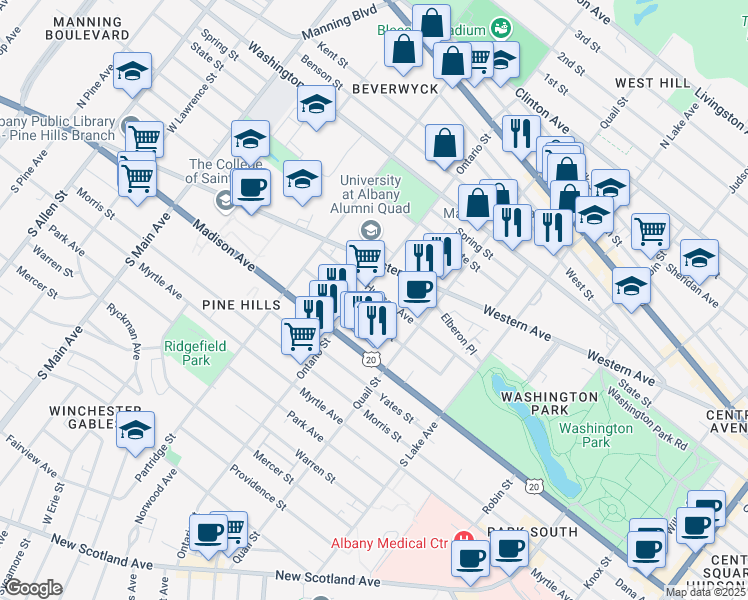 map of restaurants, bars, coffee shops, grocery stores, and more near 492 Hudson Avenue in Albany