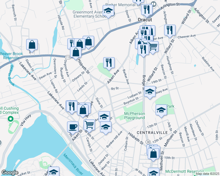 map of restaurants, bars, coffee shops, grocery stores, and more near 307 Hildreth Street in Lowell