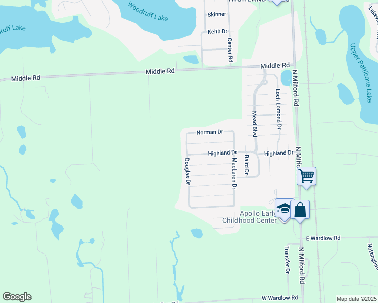 map of restaurants, bars, coffee shops, grocery stores, and more near 298 Highland Drive in Highland Charter Township