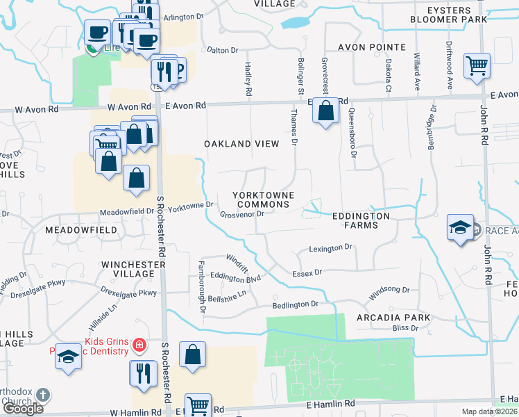 map of restaurants, bars, coffee shops, grocery stores, and more near 1351 Essex Drive in Rochester Hills