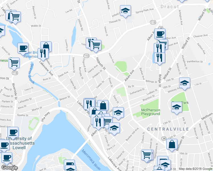map of restaurants, bars, coffee shops, grocery stores, and more near 126 Farmland Road in Lowell