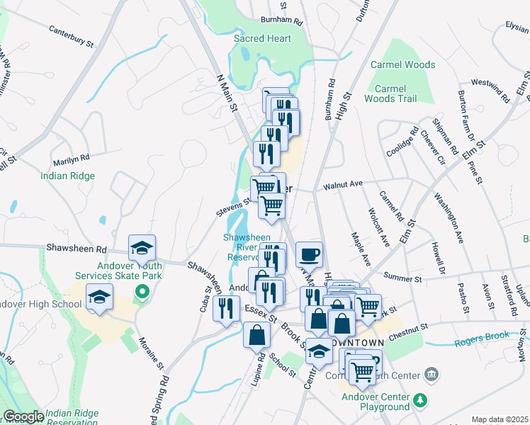 map of restaurants, bars, coffee shops, grocery stores, and more near 166 North Main Street in Andover