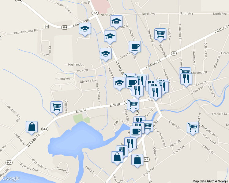 map of restaurants, bars, coffee shops, grocery stores, and more near 100 Davis Street in Penn Yan