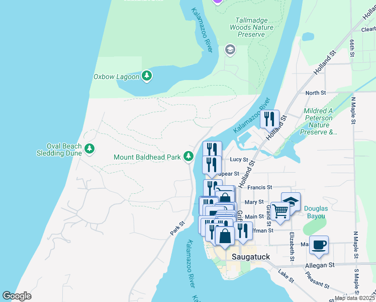 map of restaurants, bars, coffee shops, grocery stores, and more near 808 Park Street in Saugatuck