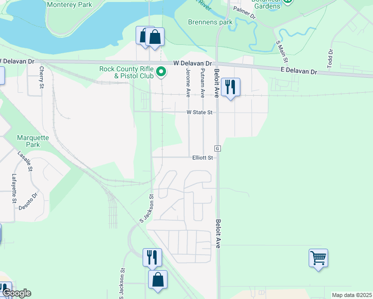 map of restaurants, bars, coffee shops, grocery stores, and more near 1326 Jerome Avenue in Janesville