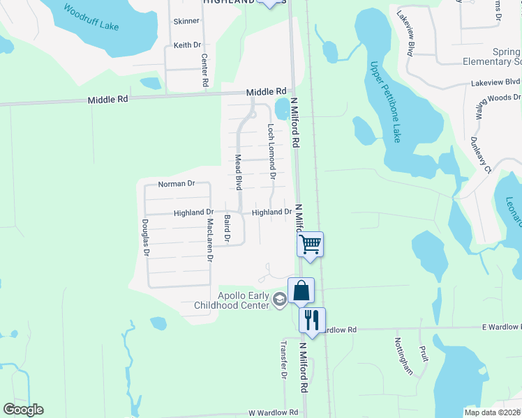 map of restaurants, bars, coffee shops, grocery stores, and more near 2796 Loch Lomond Drive in Highland Charter Township