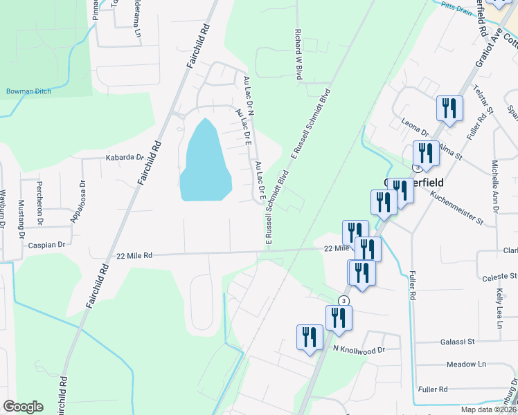 map of restaurants, bars, coffee shops, grocery stores, and more near 49352 Au Lac Drive East in New Baltimore