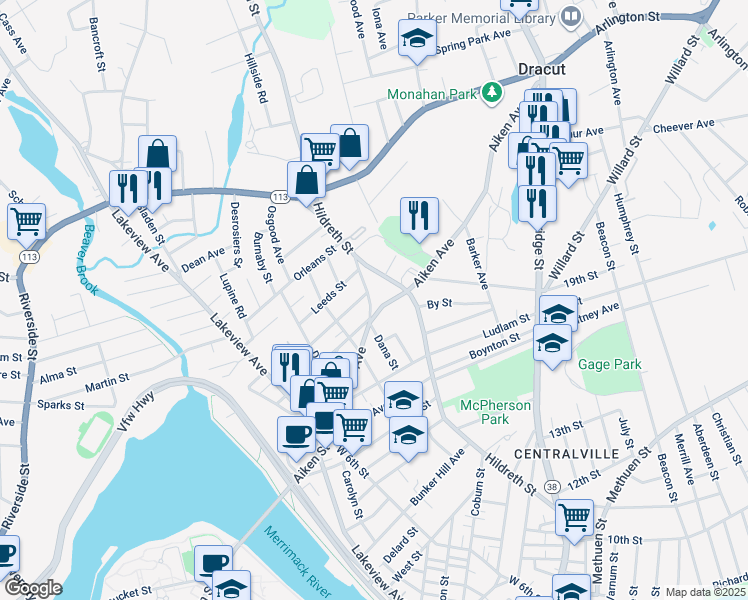 map of restaurants, bars, coffee shops, grocery stores, and more near 29 Essex Street in Lowell