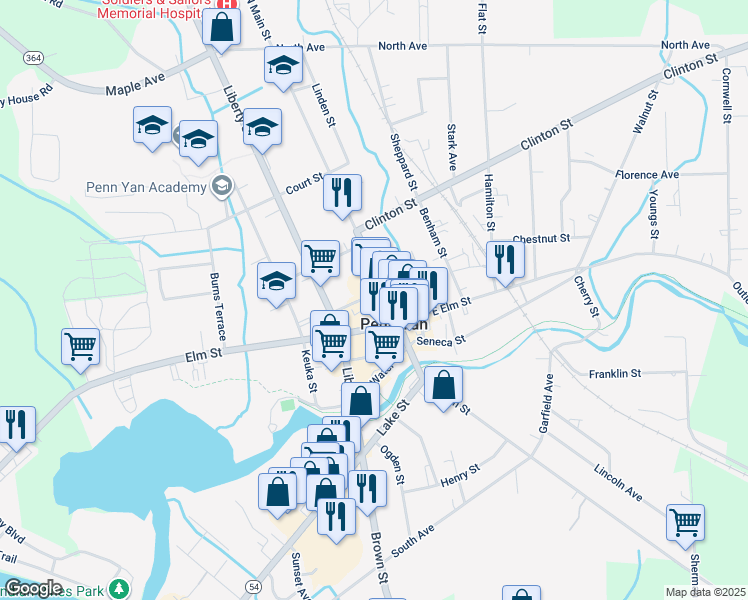 map of restaurants, bars, coffee shops, grocery stores, and more near 3 Maiden Lane in Penn Yan