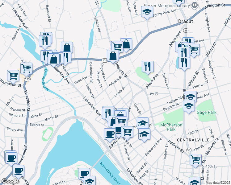 map of restaurants, bars, coffee shops, grocery stores, and more near 294 Cumberland Road in Lowell
