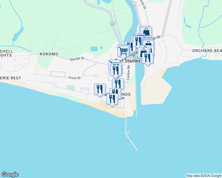 map of restaurants, bars, coffee shops, grocery stores, and more near 148 2nd Street in Port Stanley